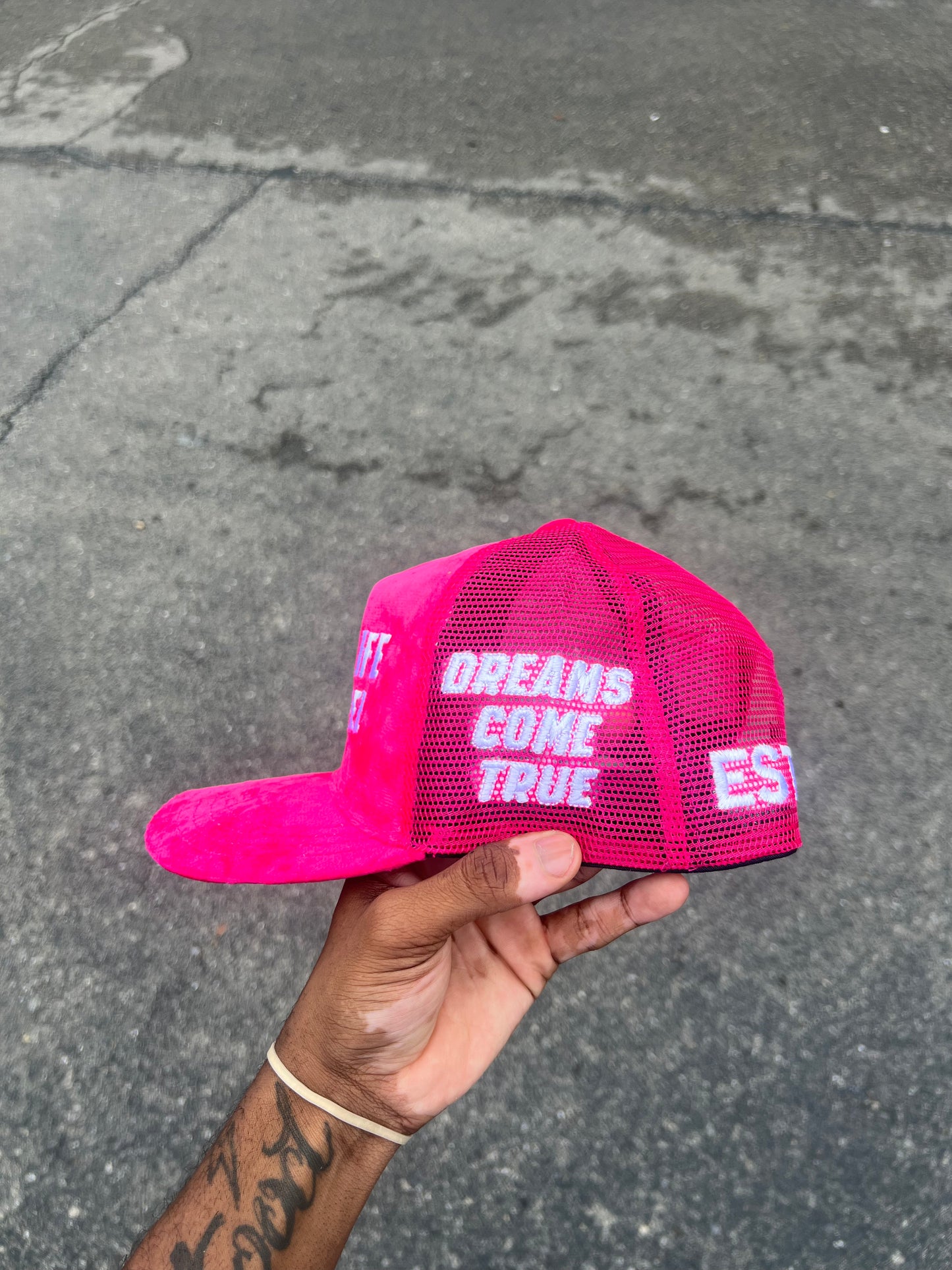 Pink Suede Trcuker Hat